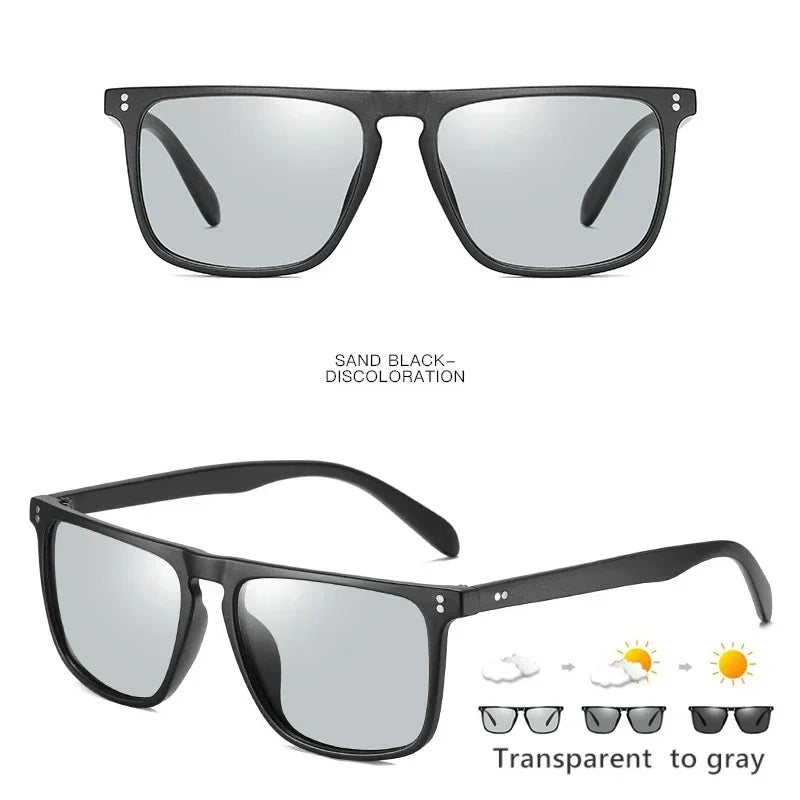Available Trendy Flat Top Square Photochromic Glasses Stylish Sports Eyewear for Car Running Driving Vacation Travel and Fishing