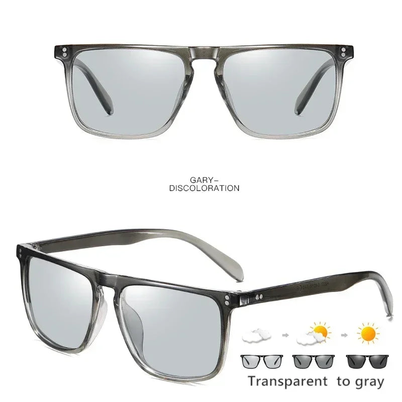 Available Trendy Flat Top Square Photochromic Glasses Stylish Sports Eyewear for Car Running Driving Vacation Travel and Fishing