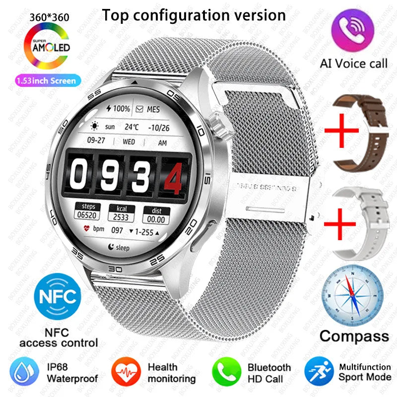 BOXUXING 2026 New Smart Watch Men Watch 5 Pro AMOLED HD Screen Bluetooth Call GPS Trajectory NFC Heart Rate Compass SmartWatches