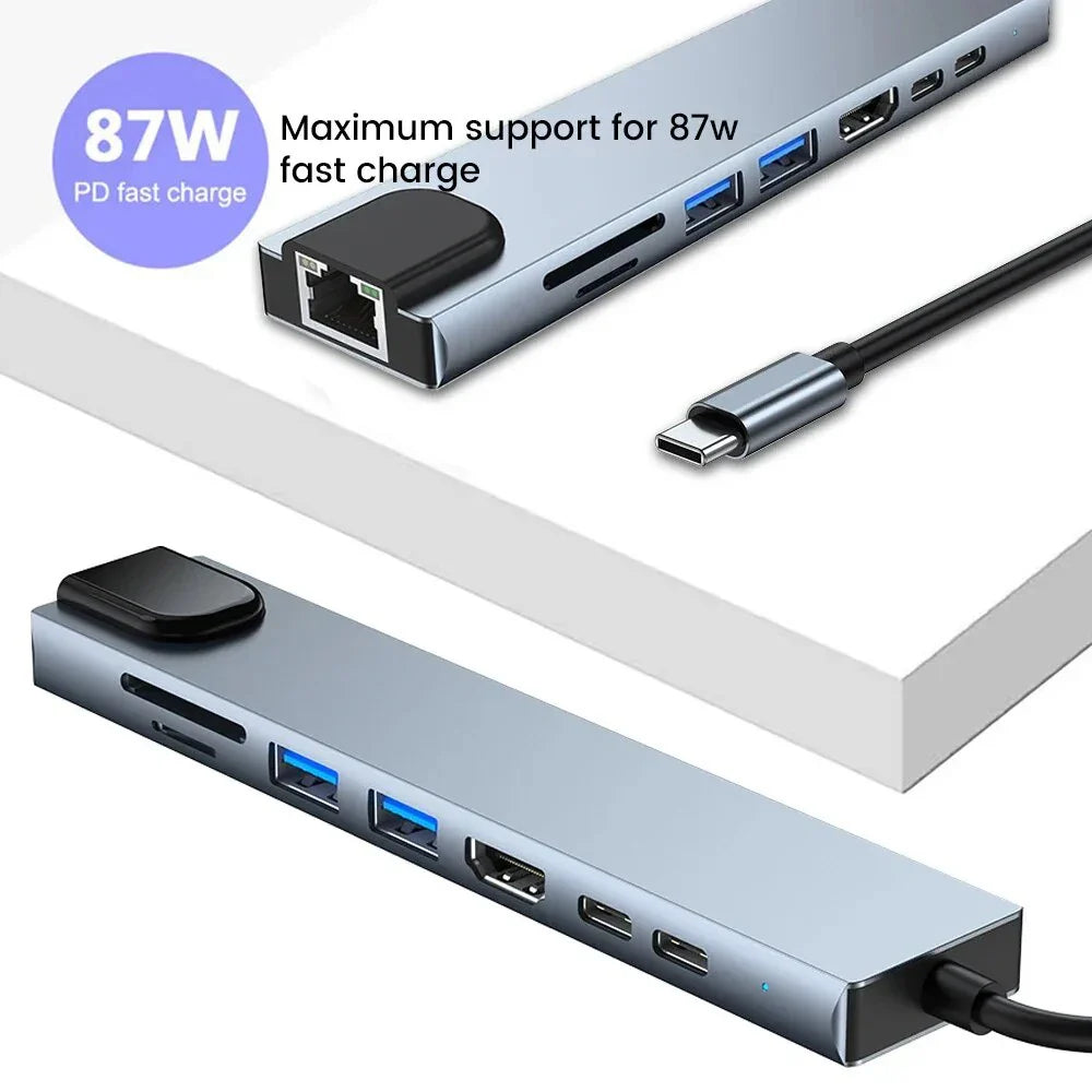 8 in 1 USB C Hub Type-C to Multiports 4K HDMI RJ45 PD Charge SD/TF Card Reader Type C To USB Adapter Dock For MacBook Air Pro PC