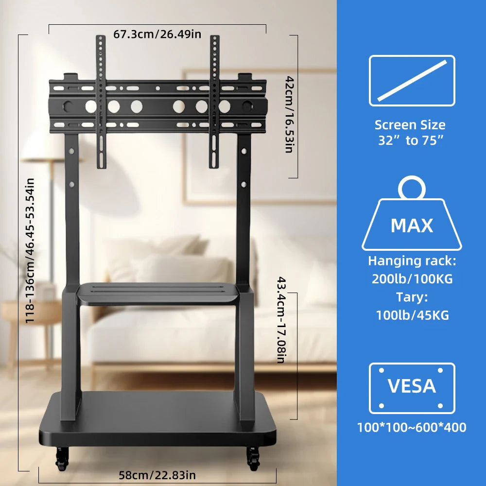 Mobile TV Cart, Rolling TV Stand for 32-75inch TVs with Lockable Wheel,Height Adjustable TV Stand with Wheels Max VESA 600x400mm