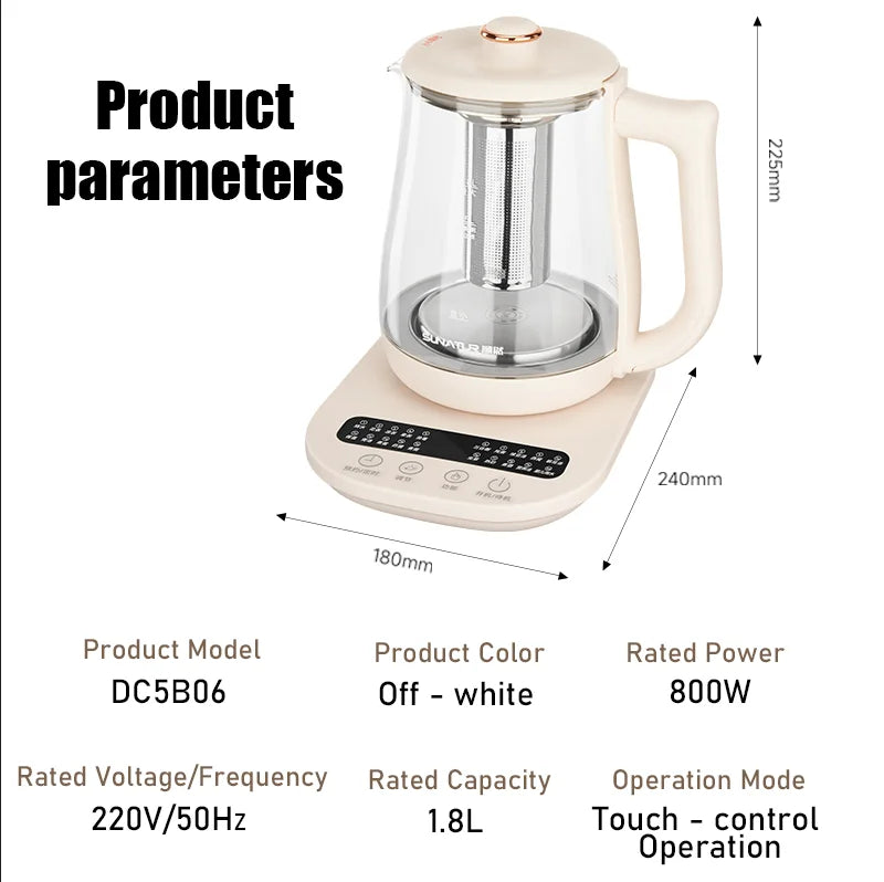 SUNATUR 1.8L Electric Glass Health Preserving Kettle,Stainless Steel,800W Fast Boil,24h Insulation