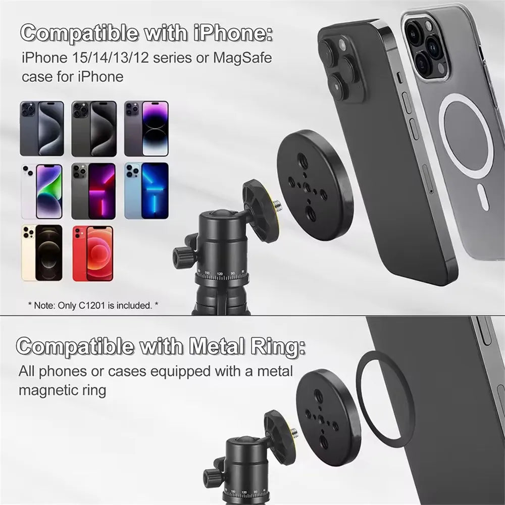 Magnetic Phone Holder for Magsafe to 1/4'' & 3/8'' Arri Holes Tripod Mount Adapter for iPhone Samsung Huawei Xiaomi Smartphone