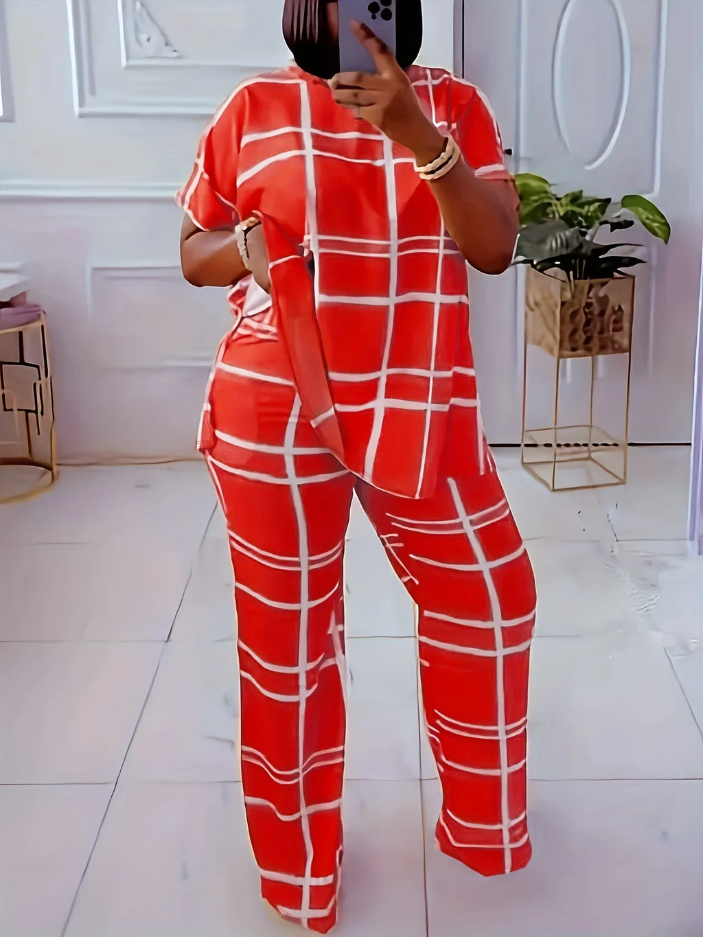 Elements Striped Grid Printed Casual Round Neck  Two Piece Set