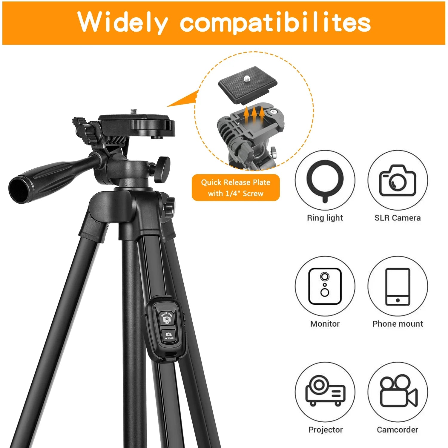 60 Inch/152cm Camera Tripod with Travel Bag, Mobile Phone Tripod with Remote Control, Professional Aluminum Alloy Portable Stand