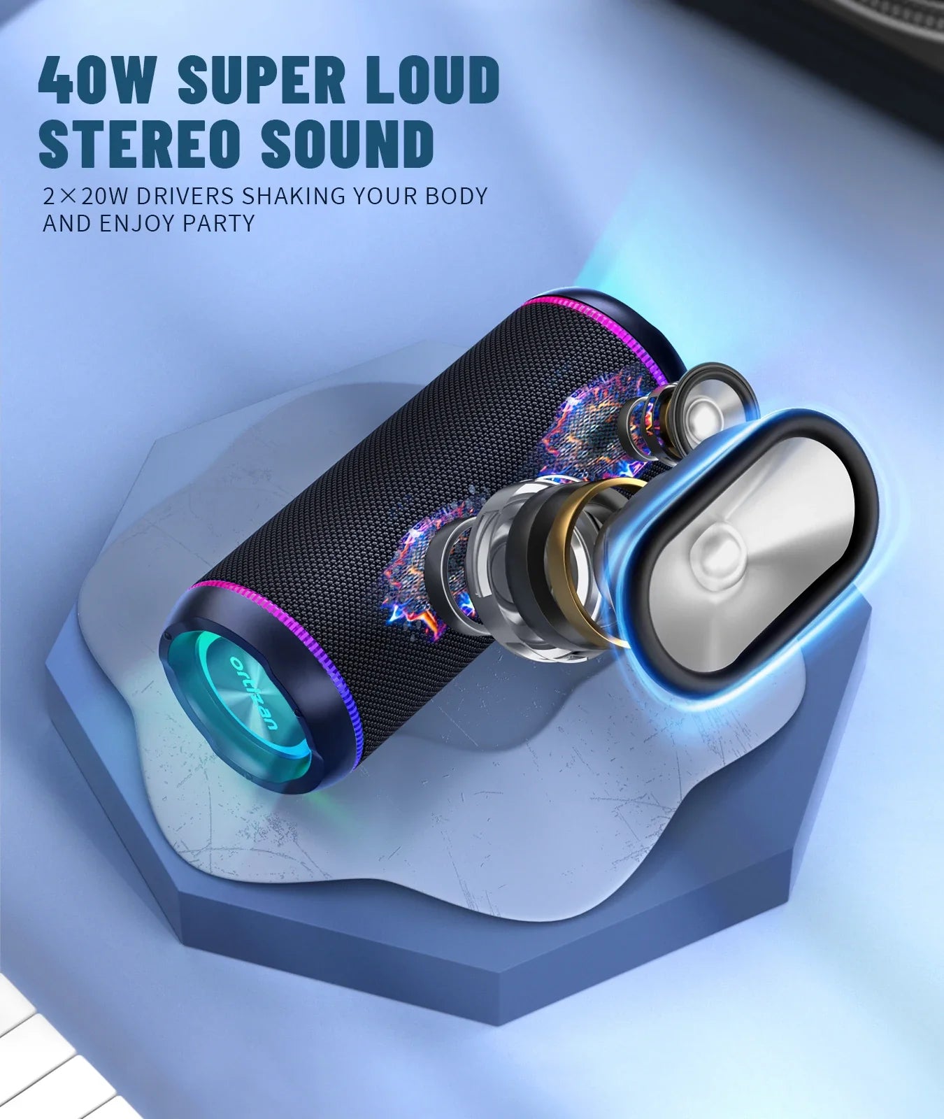 Ortizan X30 Portable Bluetooth Speaker 40W Outdoor IPX7 Waterproof Bass Boost Sound Box 3-EQ TWS Dual Pairing BT5.3 RGB Lights