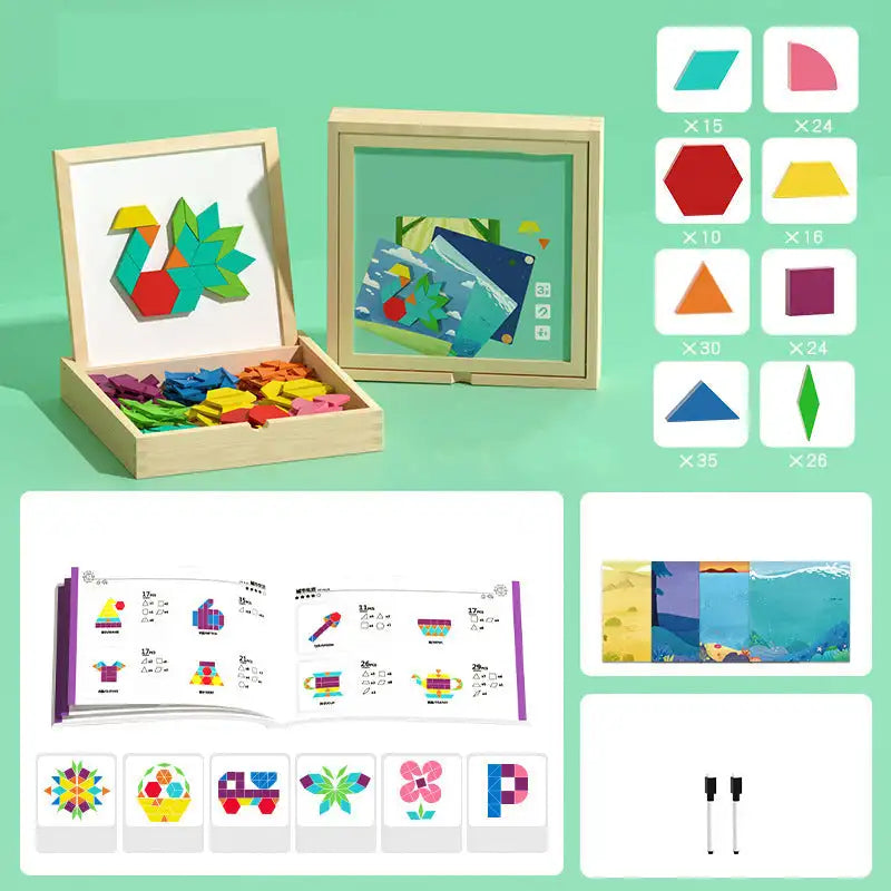 Creative Magnetic Geometric Puzzle Blocks Set Wooden Puzzles Kindergarten Classic Educational Montessori Tangram Toys for Kids