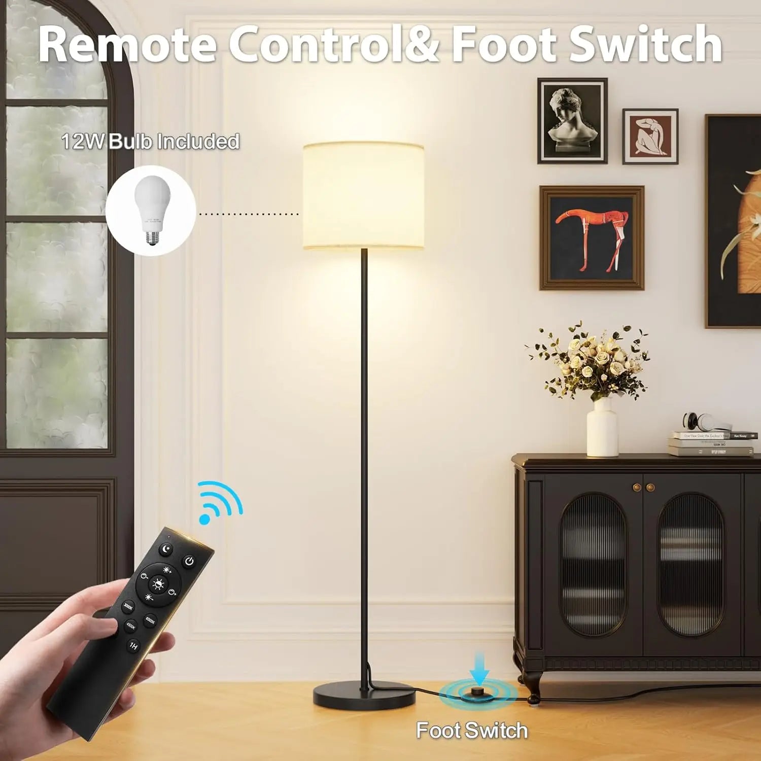 Dimmable Floor Lamp with Remote, Adjustable Color Temperature, Linen Shade for Living Room Office Bedroom