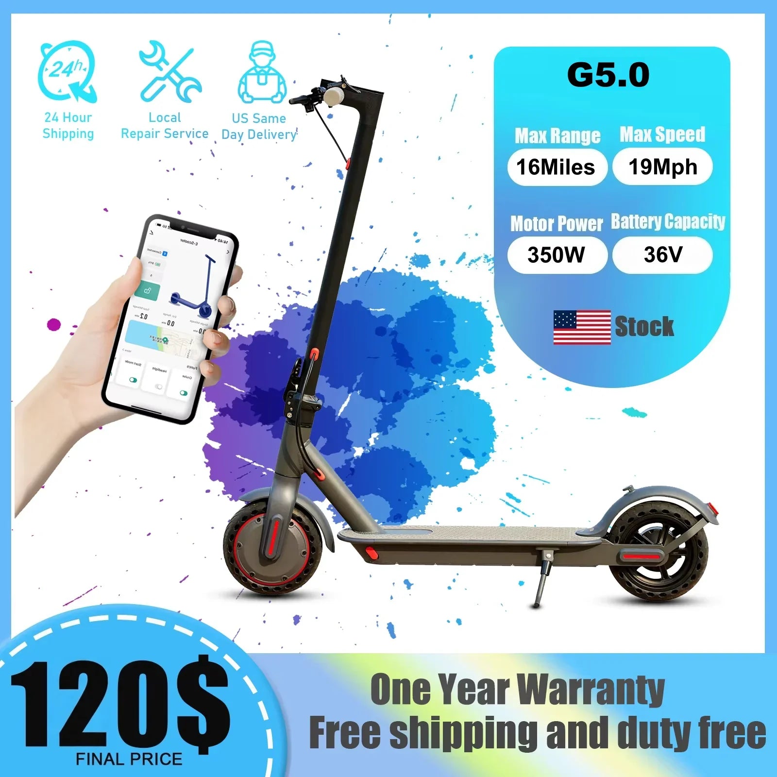 G5.0 Electric Scooter 36V High Capacity Battery 16Miles Long Range 19Mph 350W Motor 8.5Inch Tyres Foldable AOVOPRO Escooter