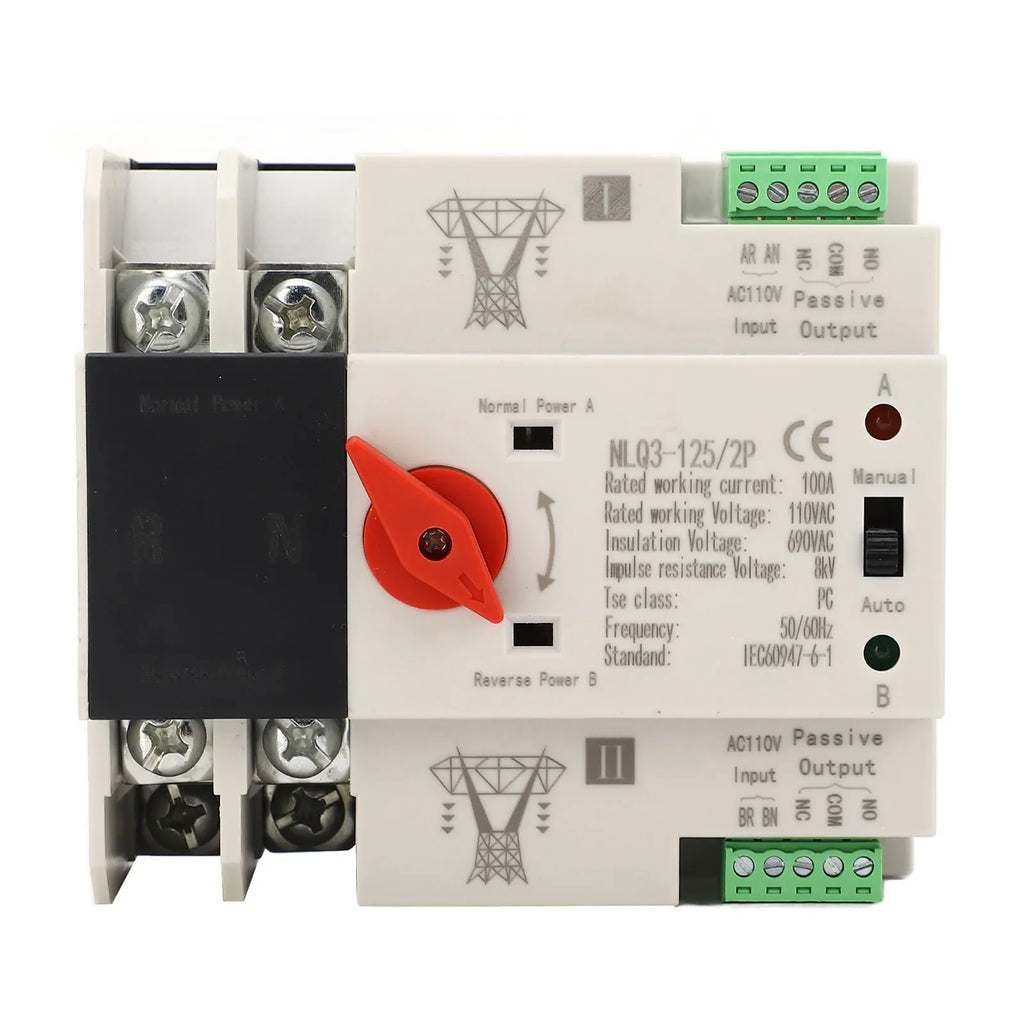 AC110V 100A Dual Power Automatic Transfer Switch 35mm Rail Mounting 2P ATS Generator Transfer Changeover Switch