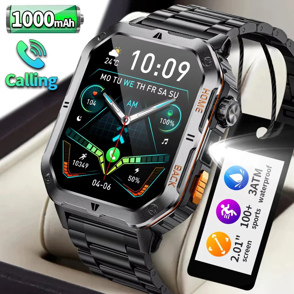 BOALZETD New 1000mAh Big Battery Outdoor Sports Smart Watch 2.01 inch HD Screen LED Flashlight Bluetooth Call Smartwatch For Men