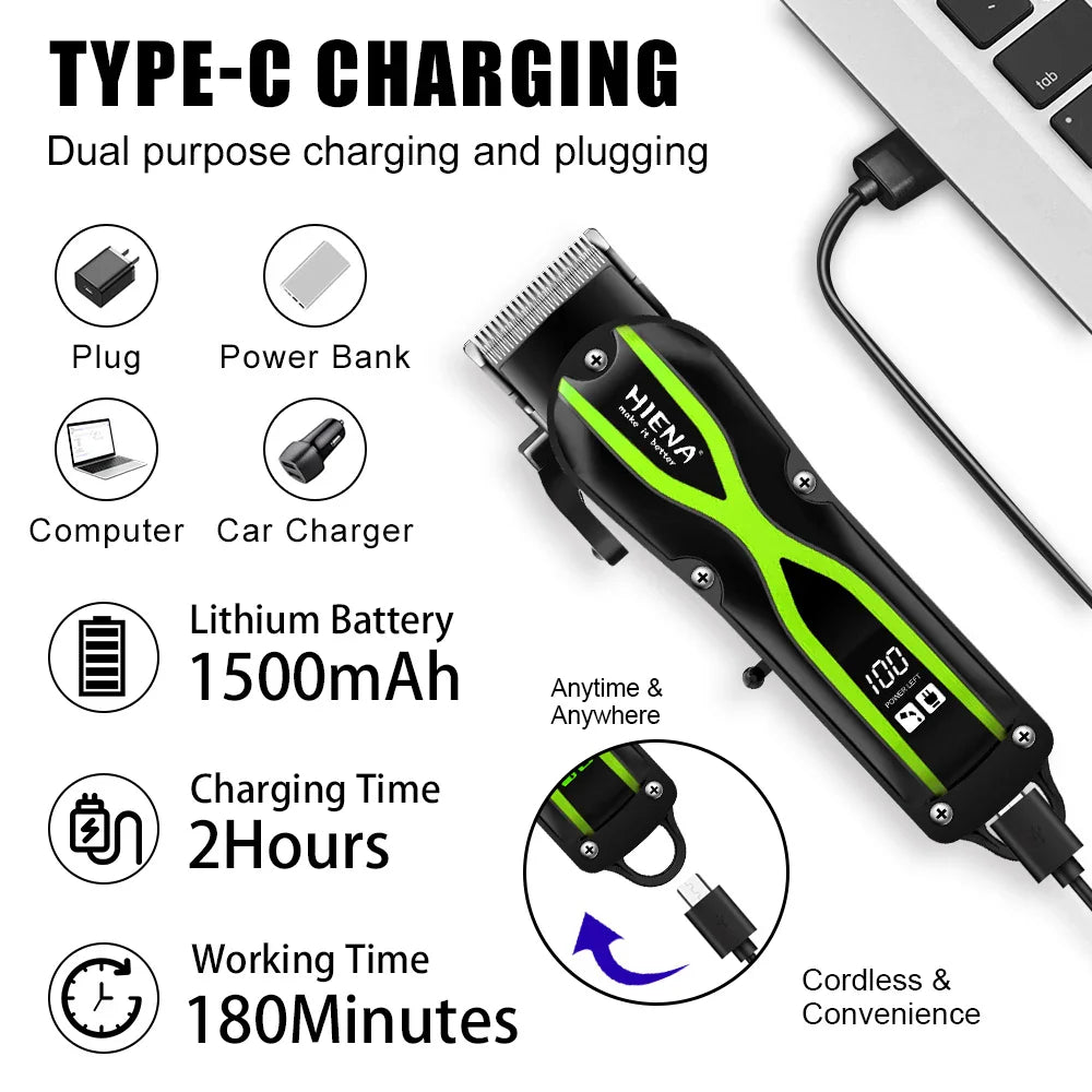 hiena Electric Hair Clipper UBS Rechargeable Cordless Beard Trimmer Men Powerful Electric Hair Clipper Trimming Tool