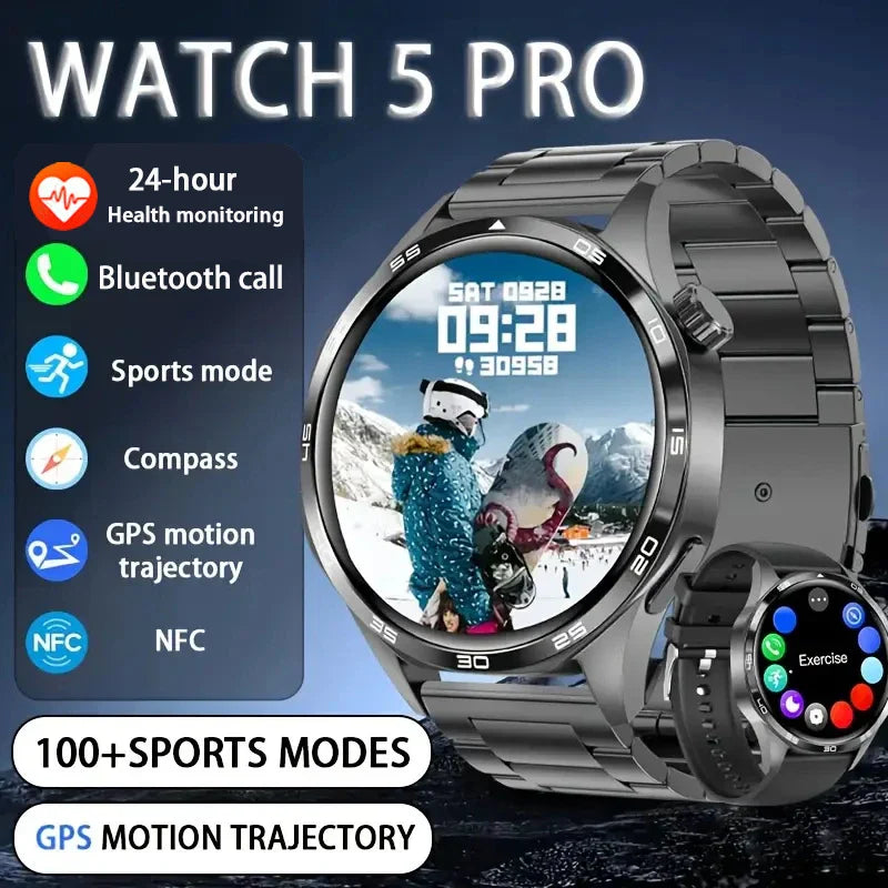 BOXUXING New Watch 5 Pro GPS NFC Men 100+sport Smart Watch AMOLED Screen Heart rate Bluetooth Call IP67Waterproof Man Smartwatch