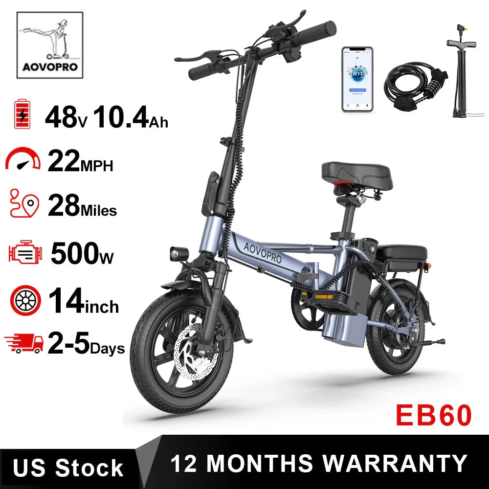AOVOPRO 14'' EB60 Foldable Electric Bike 500W 48V 10.4AH Battery 22MPH Max Speed 28Miles Long Range with Two Seats for Adult