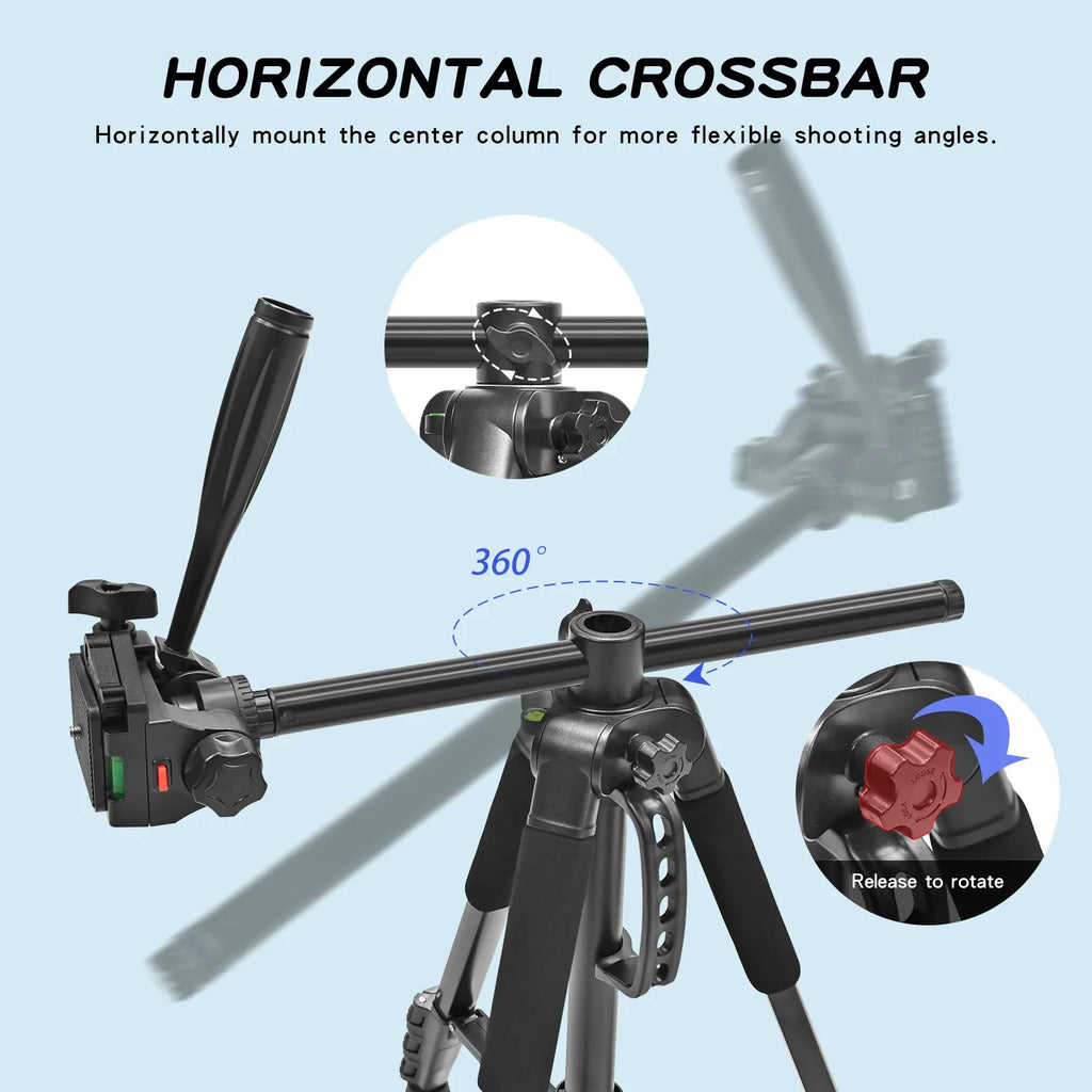 63''/160cm Video Tripod Monopod, 3 Way Pan Tilt Head, Overhead Camera Mount, Horizontal Central Axis, Phone Holder Compatible wi