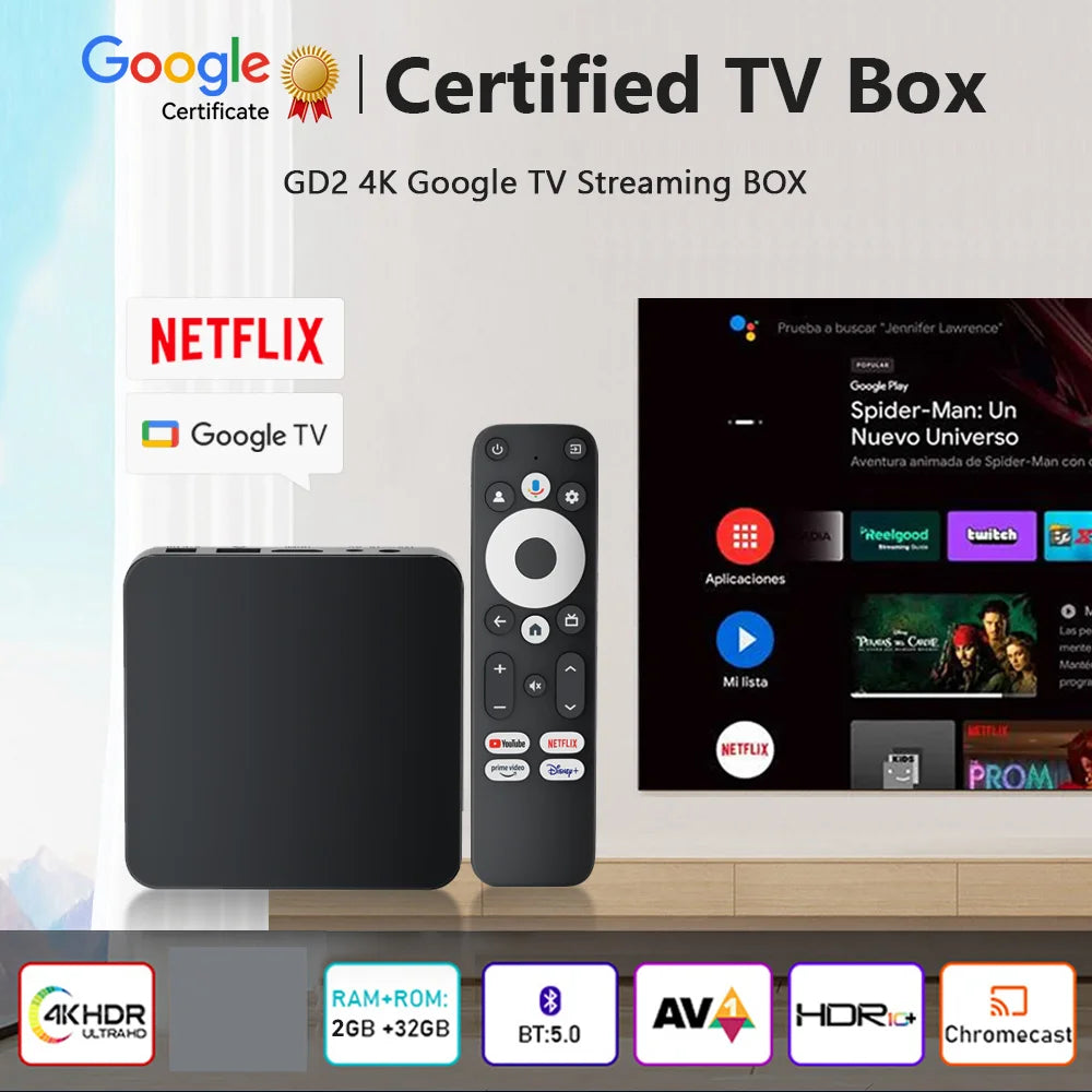 New GD2 TV Box Android 12 Amlogic S905Y4 Processor 2GB RAM 32GB Storage Supports AV1 4K H.265 1080P WiFi Bluetooth Voice