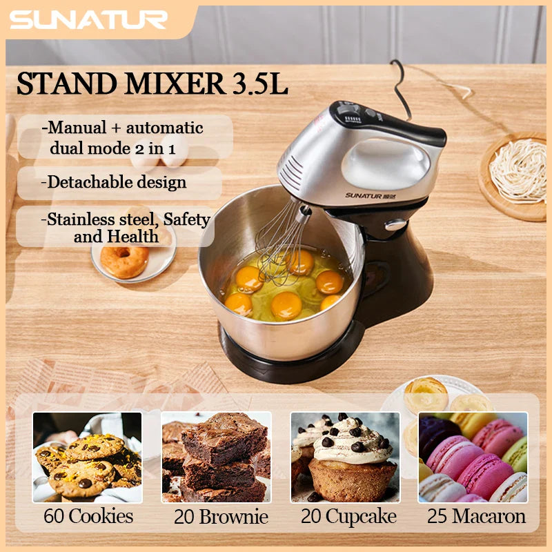 SUNATUR 2-in-1 Stand & Hand Mixer-5-Speed Electric Mixer with 3.5L Stainless Steel Bowl& Attachments