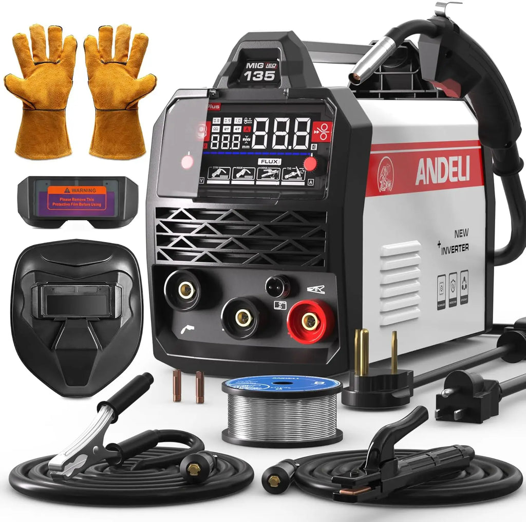 135A 3-in-1 MIG Welder, 110V/220V Dual Voltage with LED Display, Full Kit Includes Helmet & Gloves