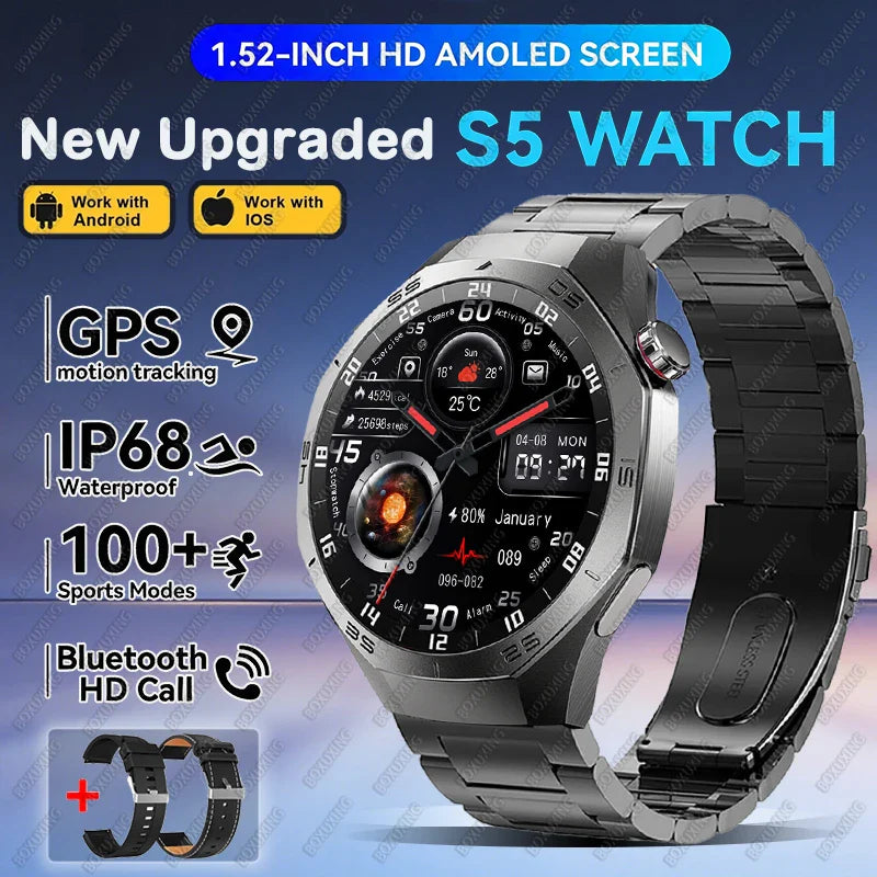 2026 New BOXUXING S5 Smart Watch Men HD AMOLED Screen GPS Motion trajectory HeartRate Bluetooth Call 1.52" SmartWatch IP68 Watch