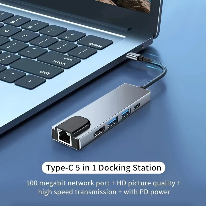 5 in 1 USB C Hub Type C To 4K HDMI-compatible Adapter RJ45 Network 100M Ethernet Lan Charger Port Adapter For Macbook Pro