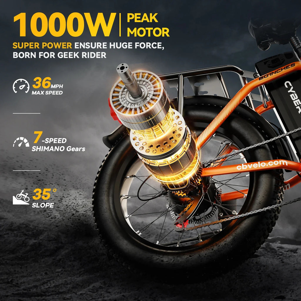 Cybervelo 1000W Folding Electric Bike, 48V 20AH Removable Battery for Adults, 30+MPH 80Miles Max Range, 20"Fat Tire 7-Speed EK4