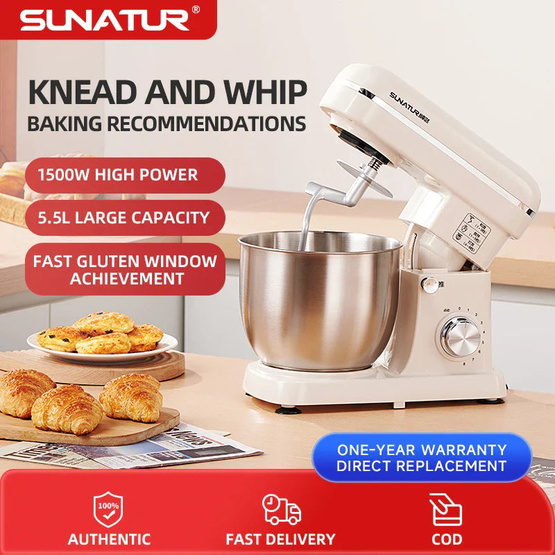 SUNATUR Electric Stand Mixer Professional Kitchen Mixer Egg Beater Cream Whisk Dough Mixer Home Commercial Use