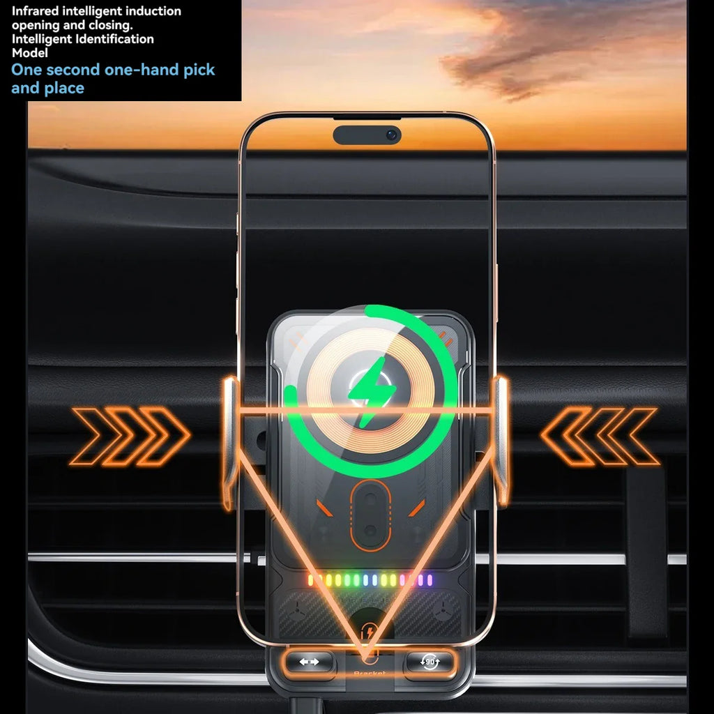 696 Car Holder With Dual Motor Electric Rotating Opening Closing Mobile Phone Holder Wireless Fast Charging Car Phone Bracket