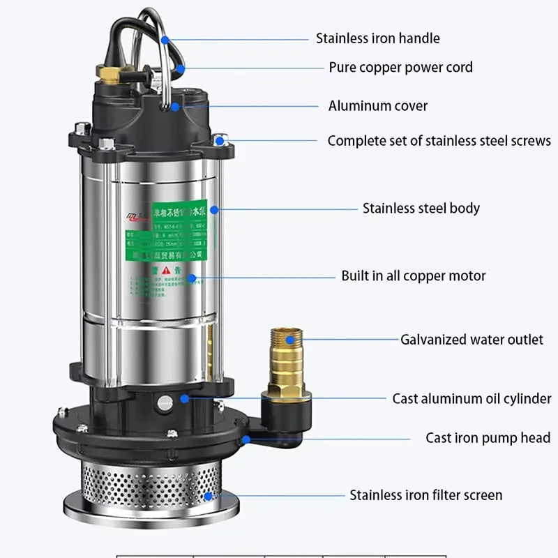 220V Submersible Pump Agricultural Pumping Garden Tools Drainage Irrigation Self-priming Sewage Pump Stainless Steel Pump