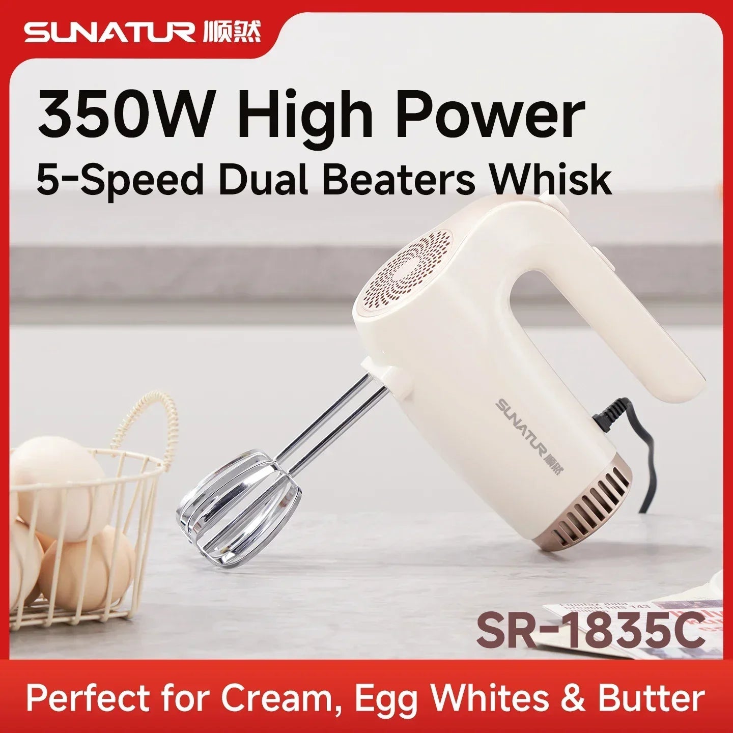 SUNATUR 350W 5-Speed Electric Hand Mixer, Pure Copper Motor One-Key Eject Storage Base Quiet Whisk for Home Baking
