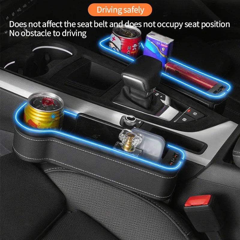 New Car Crevice Storage Box with 2 USB Charger Colorful LED Seat Gap Slit Pocket Seat Organizer Card Phone Bottle Cups Holder