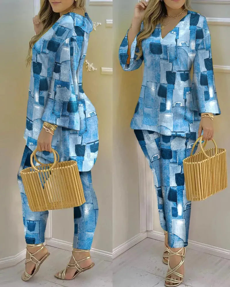 Long Sleeve V-neck Polyester Printing Two Pieces Sets