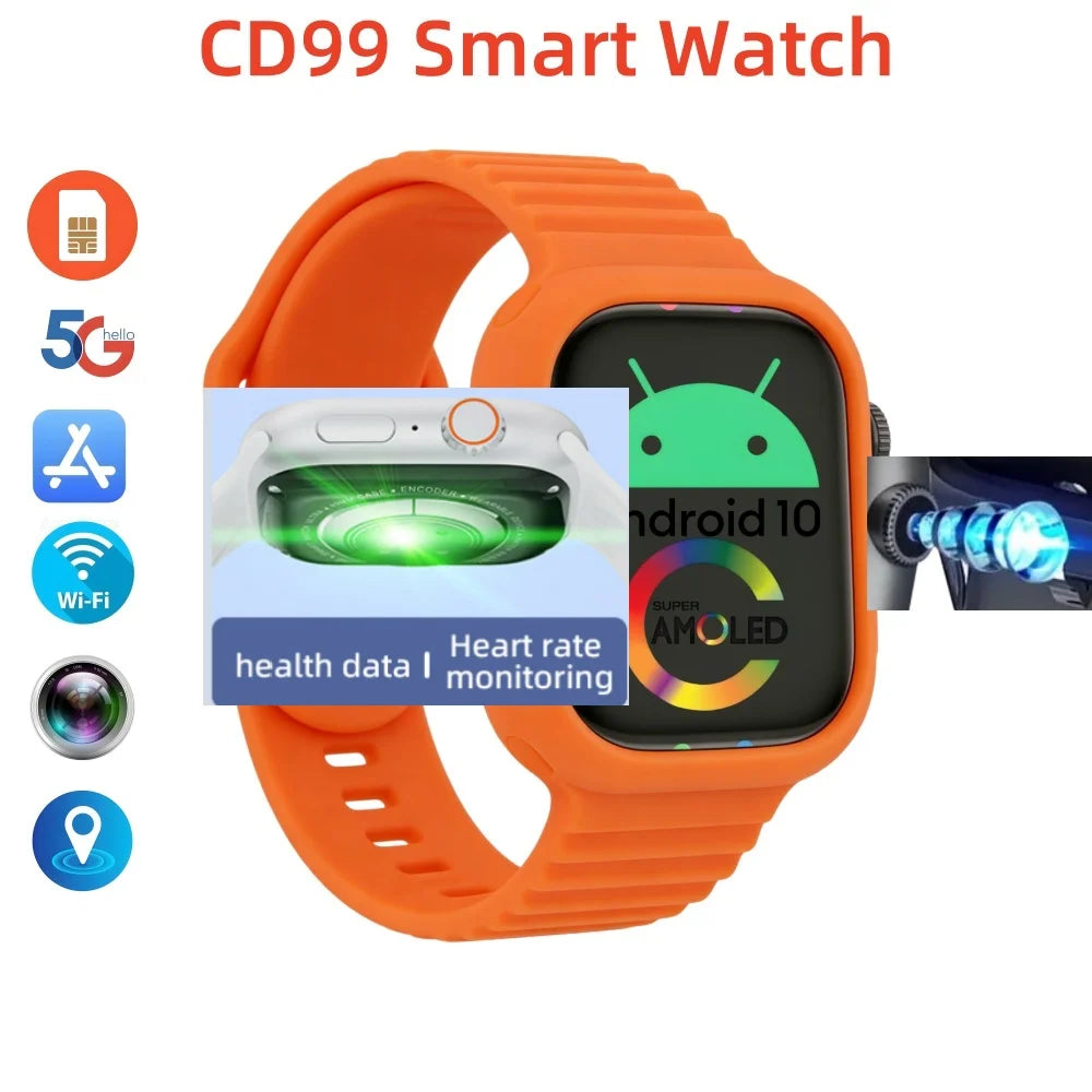2026 New CD99 4G Smart Watch Android 180° Rotating Camera AMOLED Screen SIM Card GPS WiFi Heart Rate Monitor Waterproof Smartwat