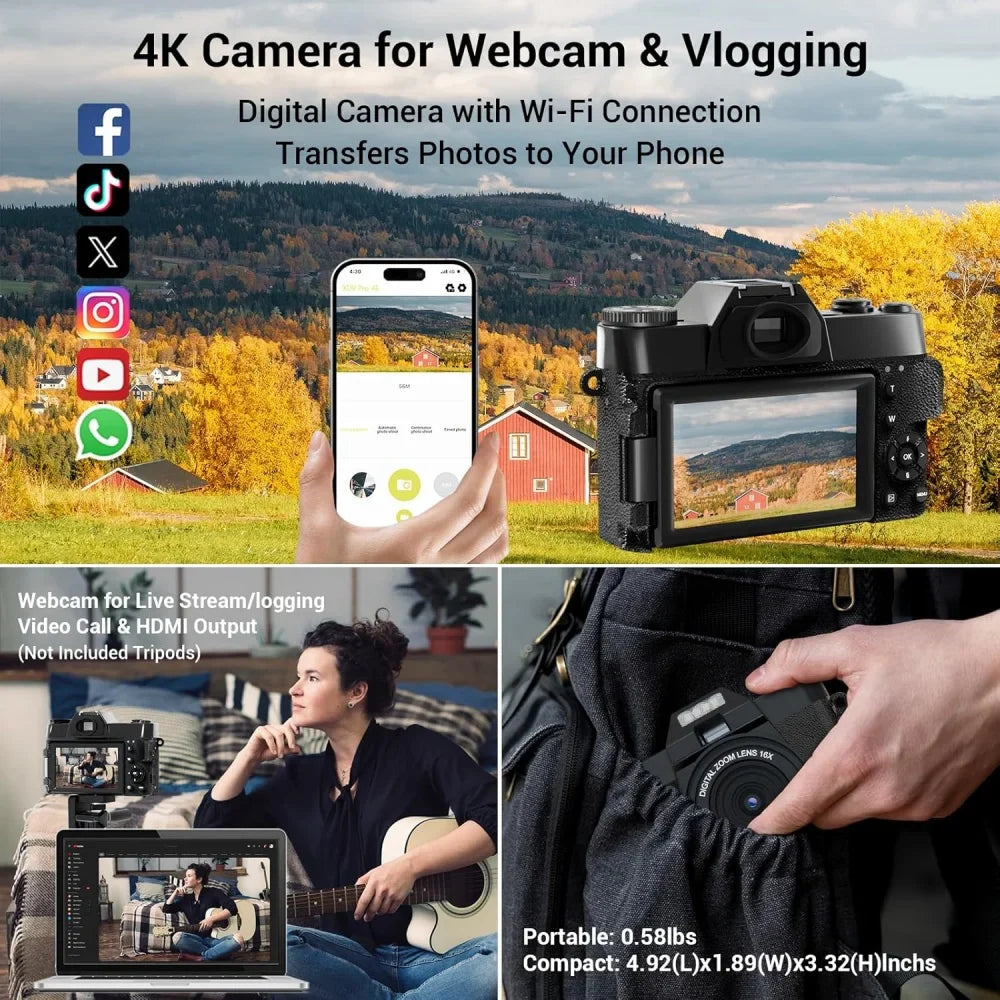 Flip Screen 16X 56MP Digital Camera For Photography Video Recording 4K Vlog Camcorder Youtube Livestreaming Wifi Webcam Selfier