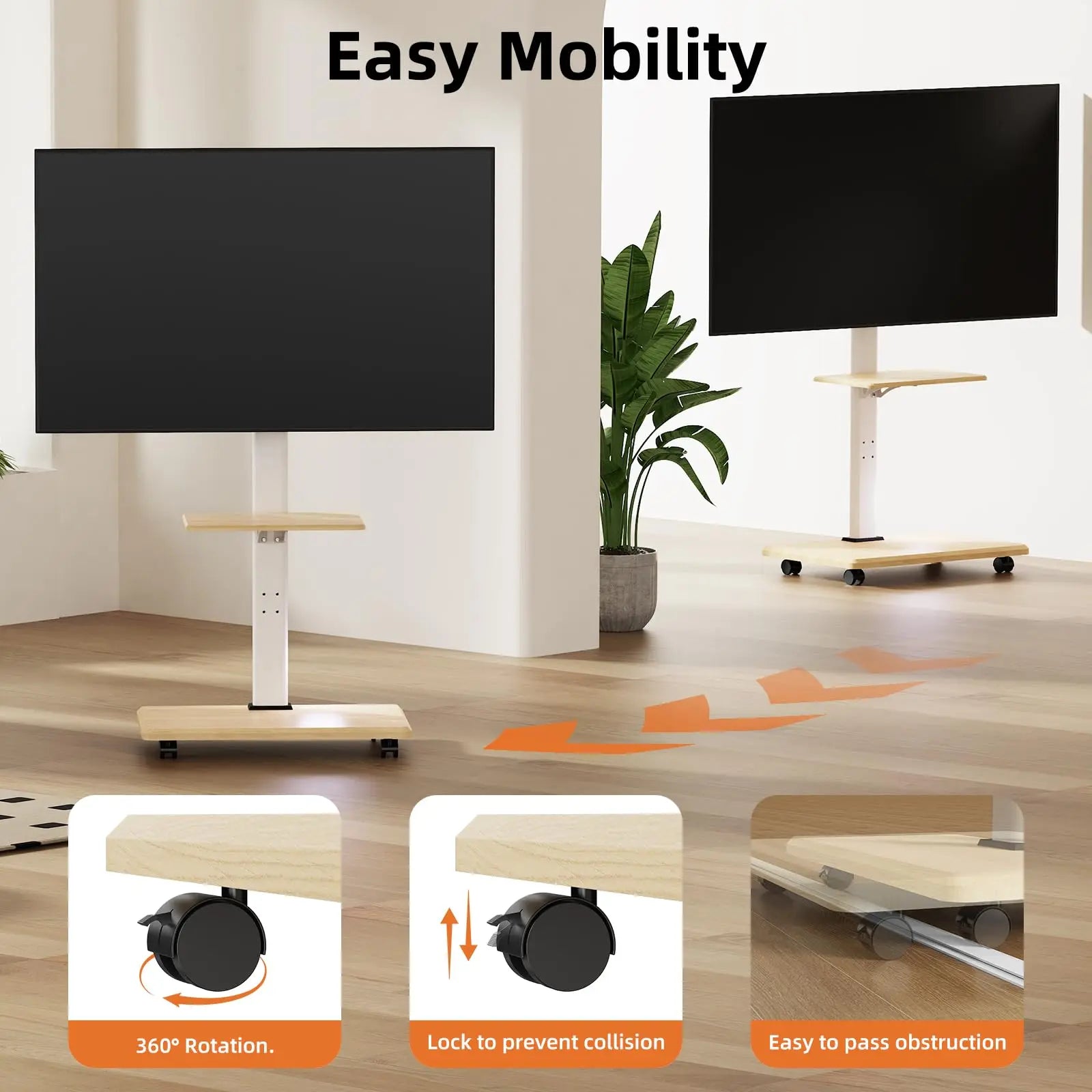 Floor Rolling TV Stand with Wheels, Mobile TV Cart for 26-75 Inch TVs up to 99 lbs, TV Stand with Swivel and Height Adjustment