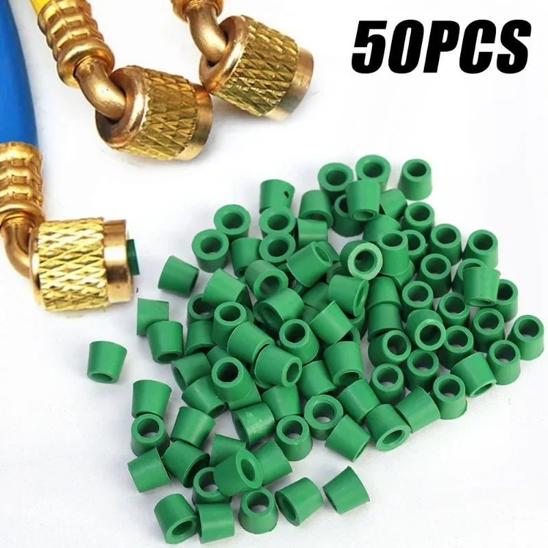 Green Air Conditioning 100/50pcs 1/4'' Charging Hose 1/4'' Valve Gasket Manifold Repair Seal Kit Replacement Car Accessories New