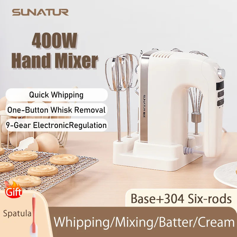SUNATUR 400W DC Hand Mixer Electric Speed Control 304 Stainless Steel 6 Rods Set with Storage Base