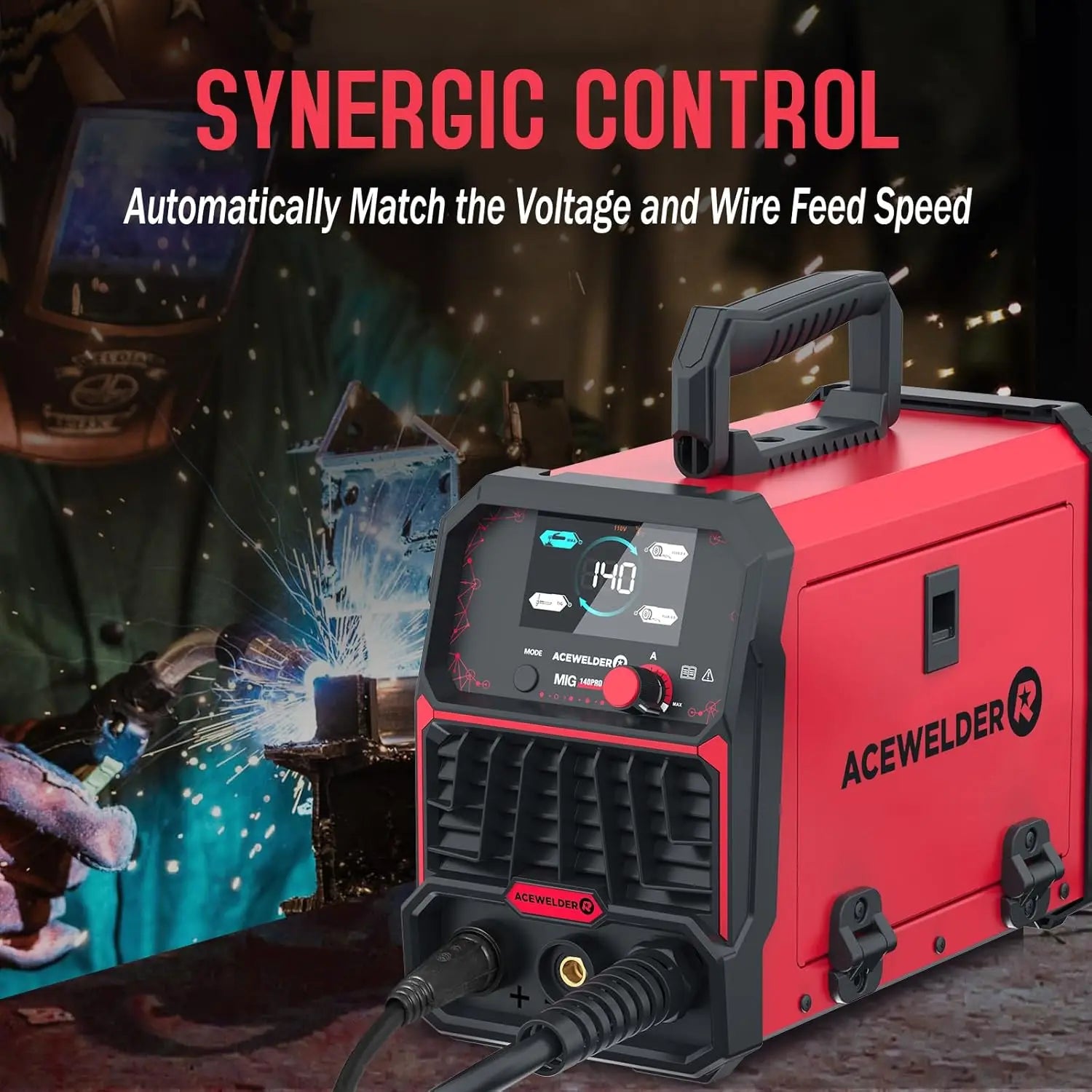 140A Portable Welder, 3-in-1 MIG/LIFT TIG/Stick Machine with Synergic Control and LED Display