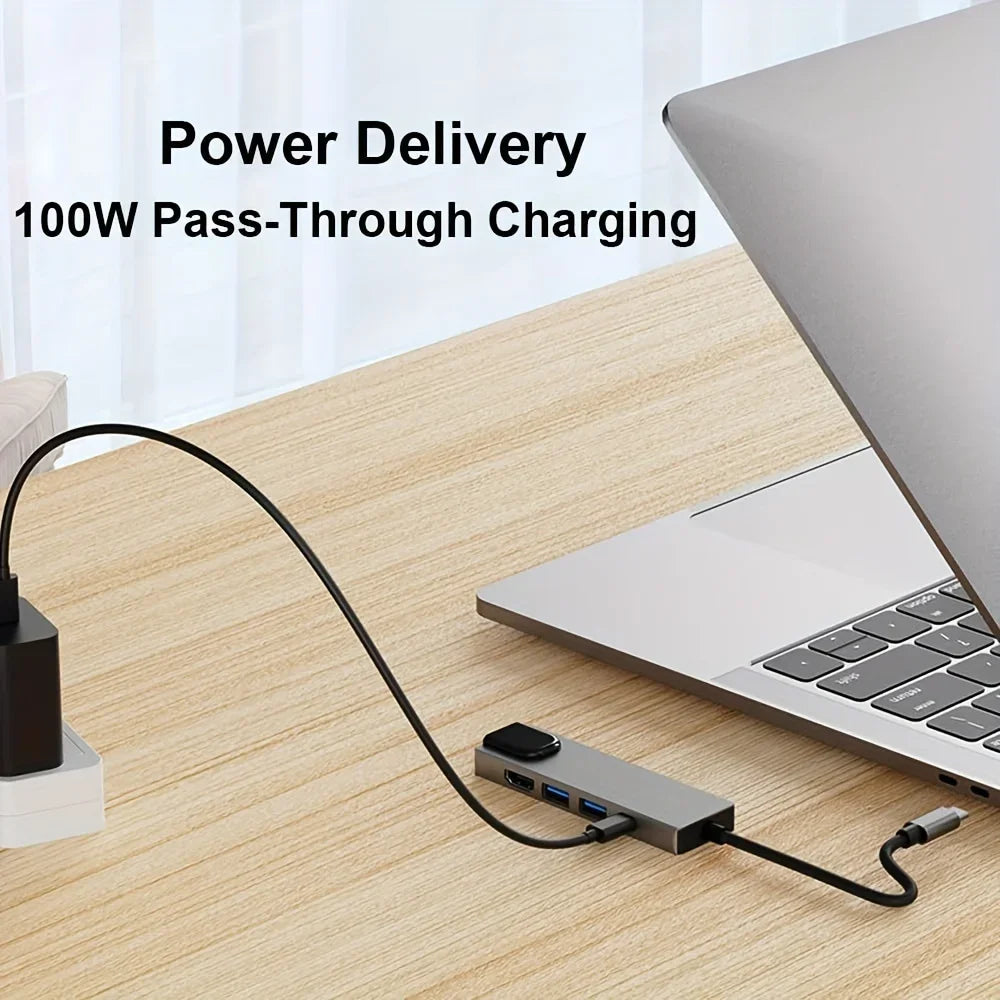 5 in 1 USB C Hub Type C To 4K HDMI-compatible Adapter RJ45 Network 100M Ethernet Lan Charger Port Adapter For Macbook Pro