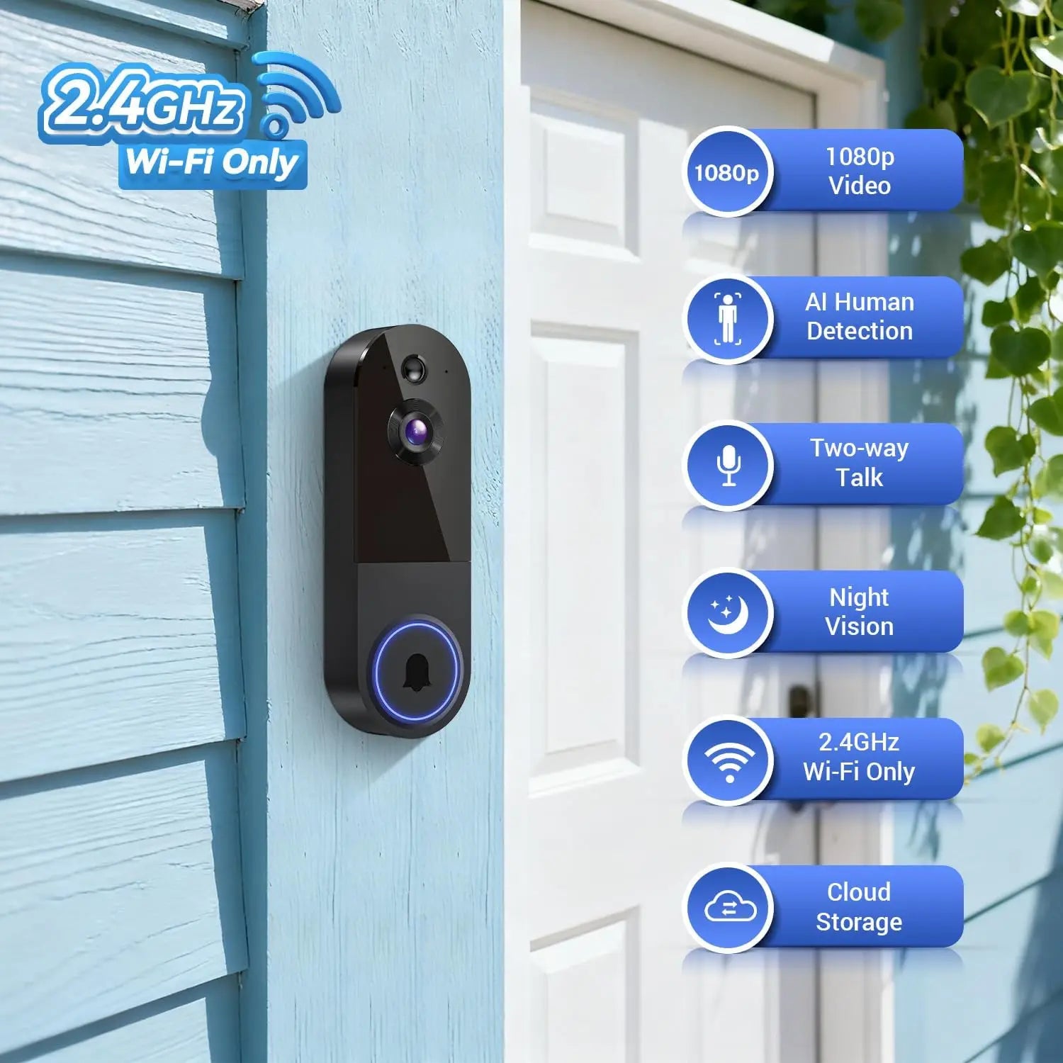 1080p Wireless Wi-Fi Video Doorbell Camera with Night Vision, Two-Way Audio, AI Motion Detection