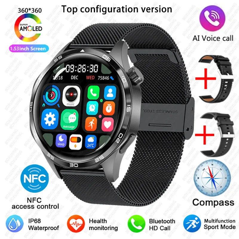 BOXUXING 2026 New GPS NFC Smart Watch 5 Pro Men 360*360 AMOLED Screen Heart rate Bluetooth Call IP68 Waterproof Man Smartwatch