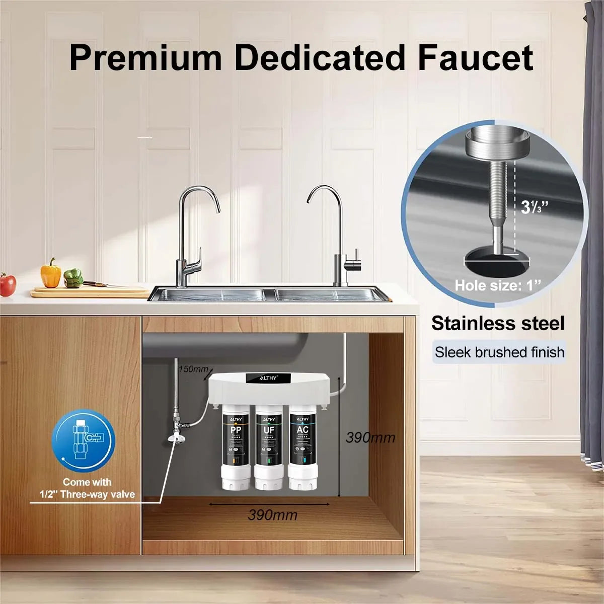 ALTHY Under Sink Drinking Water Filter Purifier Ultrafiltration System, 3 Stage ,Remove Lead, Chlorine, Bacteria & Bad Taste