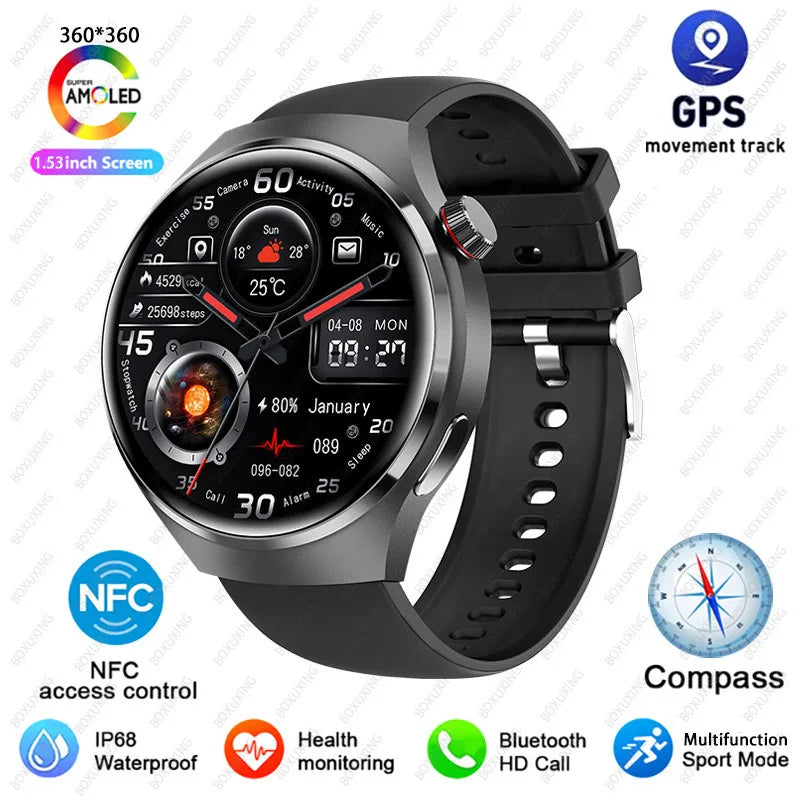 BOXUXING Watch 4 Pro Smart Watch Men GPS Sports Tracker NFC  1.53" HD Screen Health Monitor Watches Bluetooth Call SmartWatch