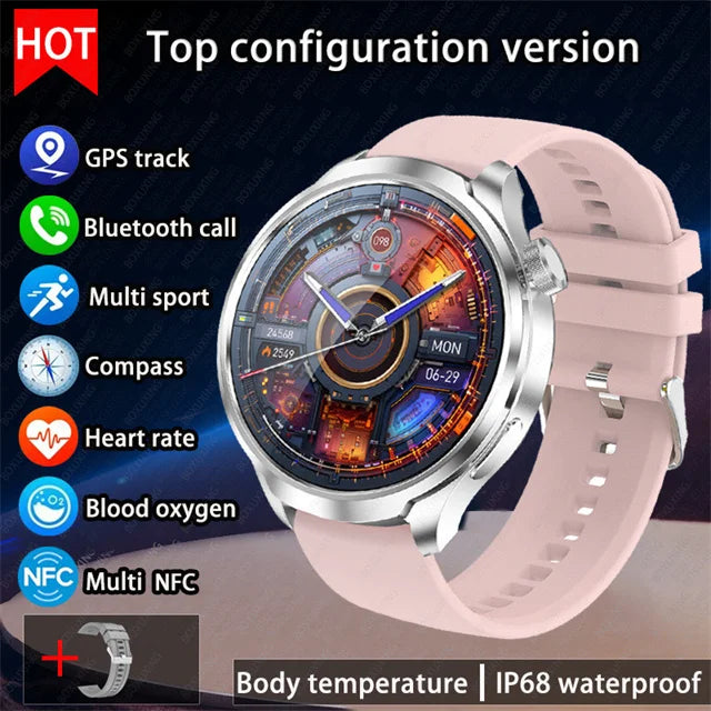 2026 New BOXUXING Outdoor Sports Smart Watch Men AMOLED Screen NFC GPS Compass Heart rate Waterproof Bluetooth Call SmartWatch