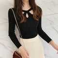 O-neck Stretch Sexy Pullover  Hollow Solid Color Sweater