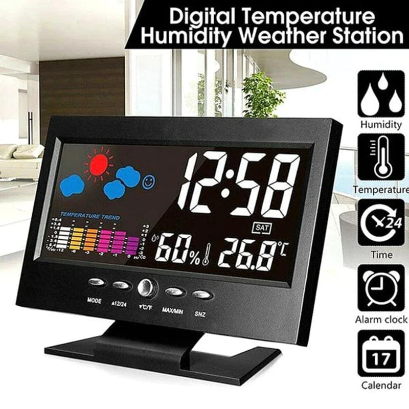 Digital LED Weather Station Temperature & Humidity Monitor With Forecast Display & Table Alarm Clock Large Screen Weather Clock