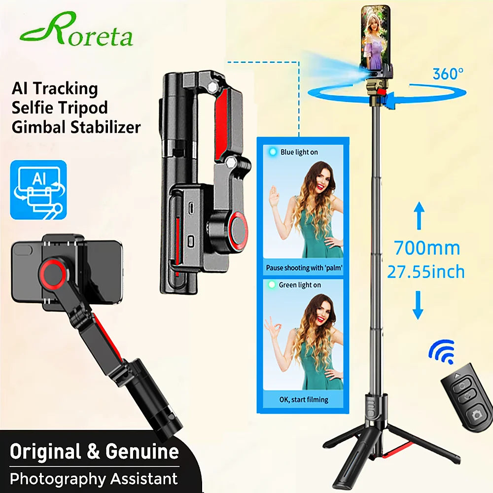 Roreta new Automatic face following Shooting Handheld Gimbal Stabilizer 360° Rotation Selfie Stick tripod For iPhone Smartphone