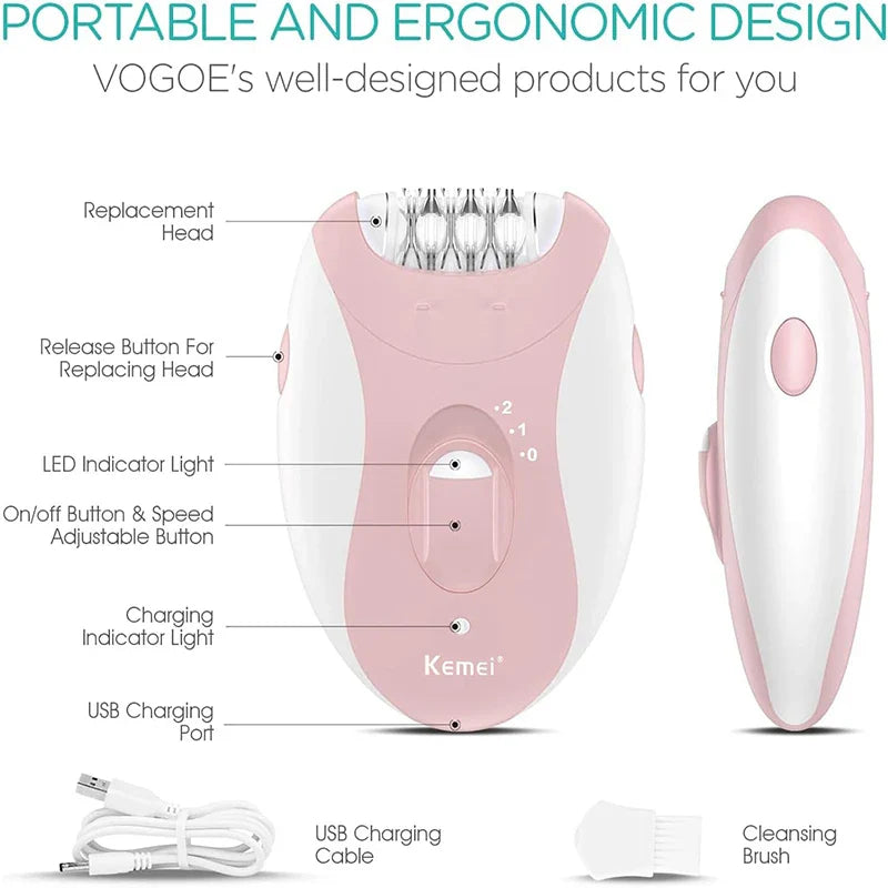 Kemei Women Epilator Electric Hair Removal Facial Body Lady Bikini Legs Arms Armpit Hair Remover Underarms Rechargeable