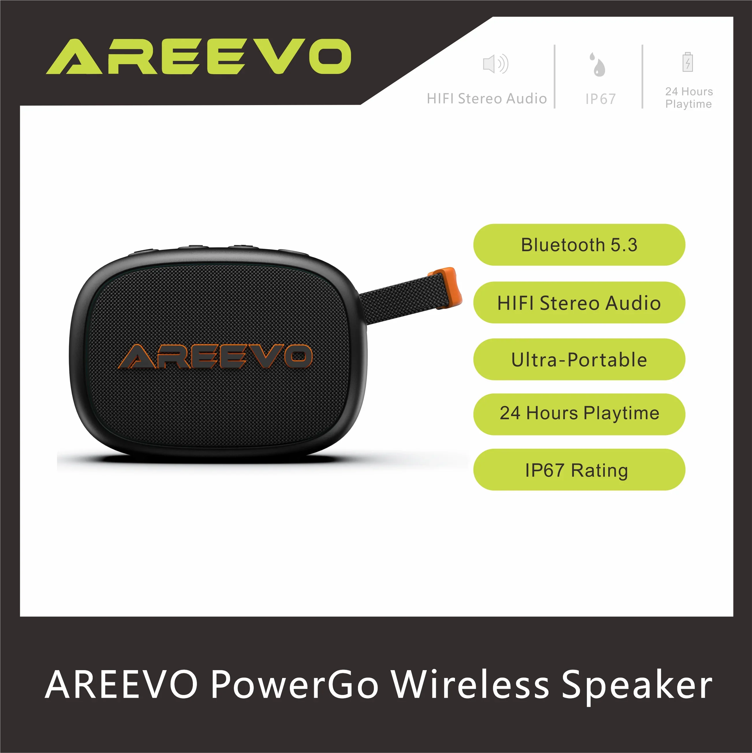 AREEVO PowerGo Wireless Speaker, IP67 Waterproof, Sound with Punchy Bass Bluetooth 5.3 24H Playtime Dual-Speaker Portable Stereo