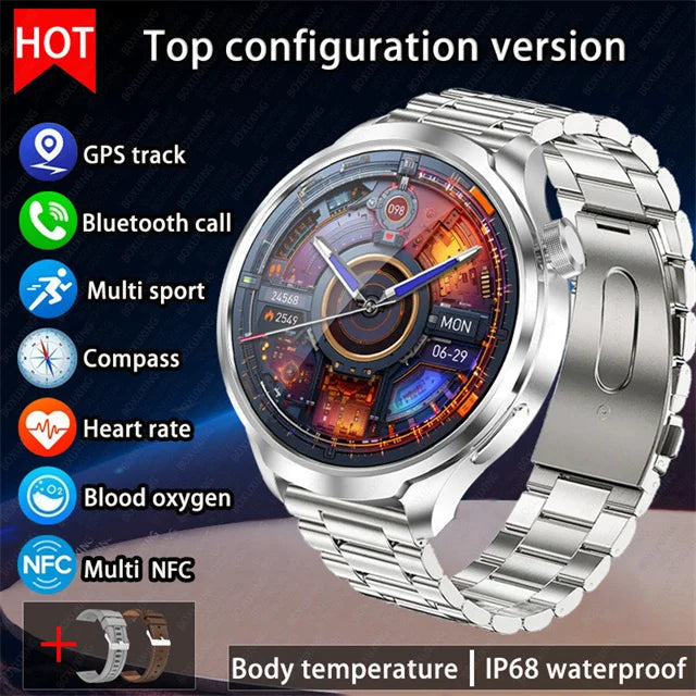 2026 New BOXUXING Outdoor Sports Smart Watch Men AMOLED Screen NFC GPS Compass Heart rate Waterproof Bluetooth Call SmartWatch