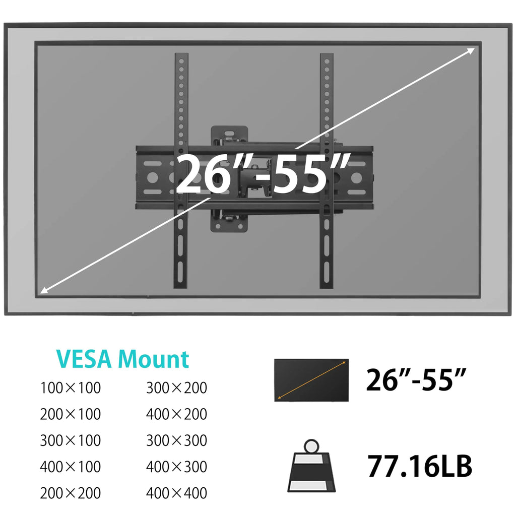 Full Motion TV Wall Mount for 26-55inch TV Floating TV Stand Swivel Tilt Horizontal Adjustment TV Wall Bracket